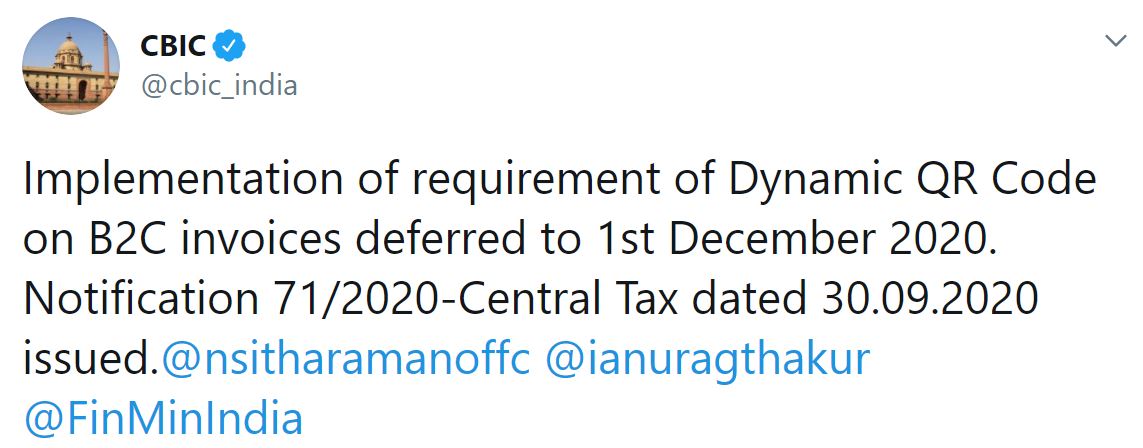 CBIC: Implementation of requirement of Dynamic QR Code on B2C invoices ...